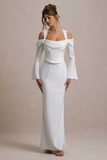 Heartthrob Ivory Satin Draped Bardot Maxi Dress